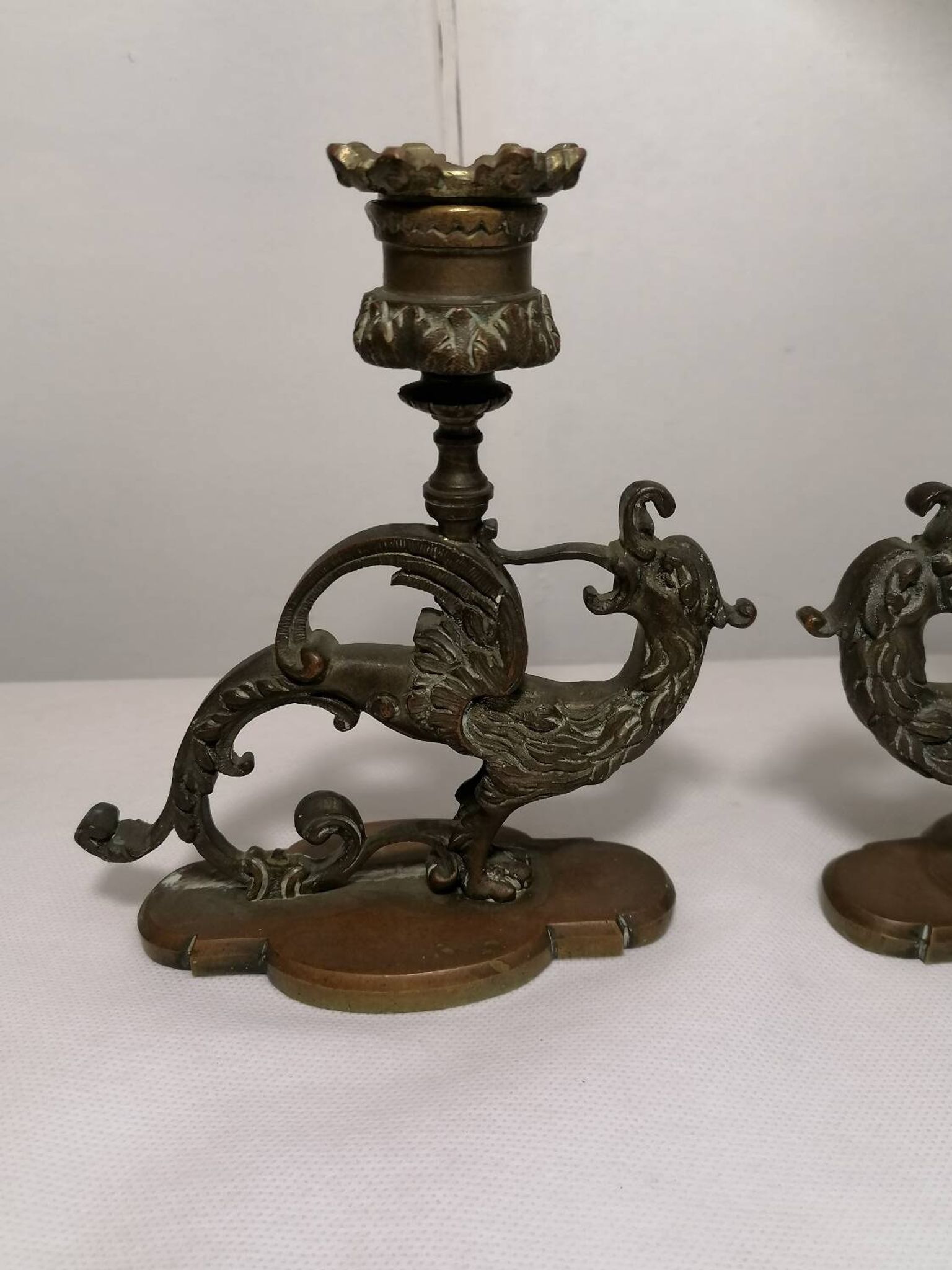 Pair of bronze candlesticks representing chimeras/dragons - 19th century