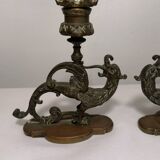 Pair of bronze candlesticks representing chimeras/dragons - 19th century