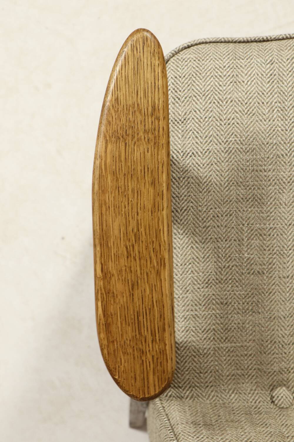 Vintage armchair in natural rustic oak wood herringbone fabric modern design by Chierovsky