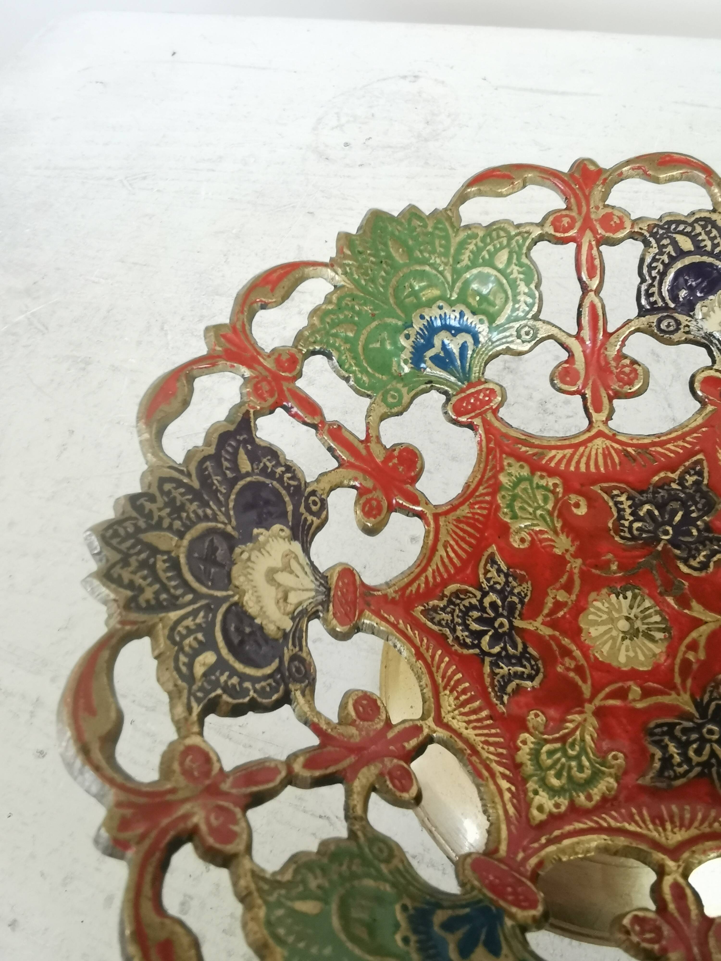 Vintage Brass Pedestal Bowl: Floral Motif, Red Blue Green Painted