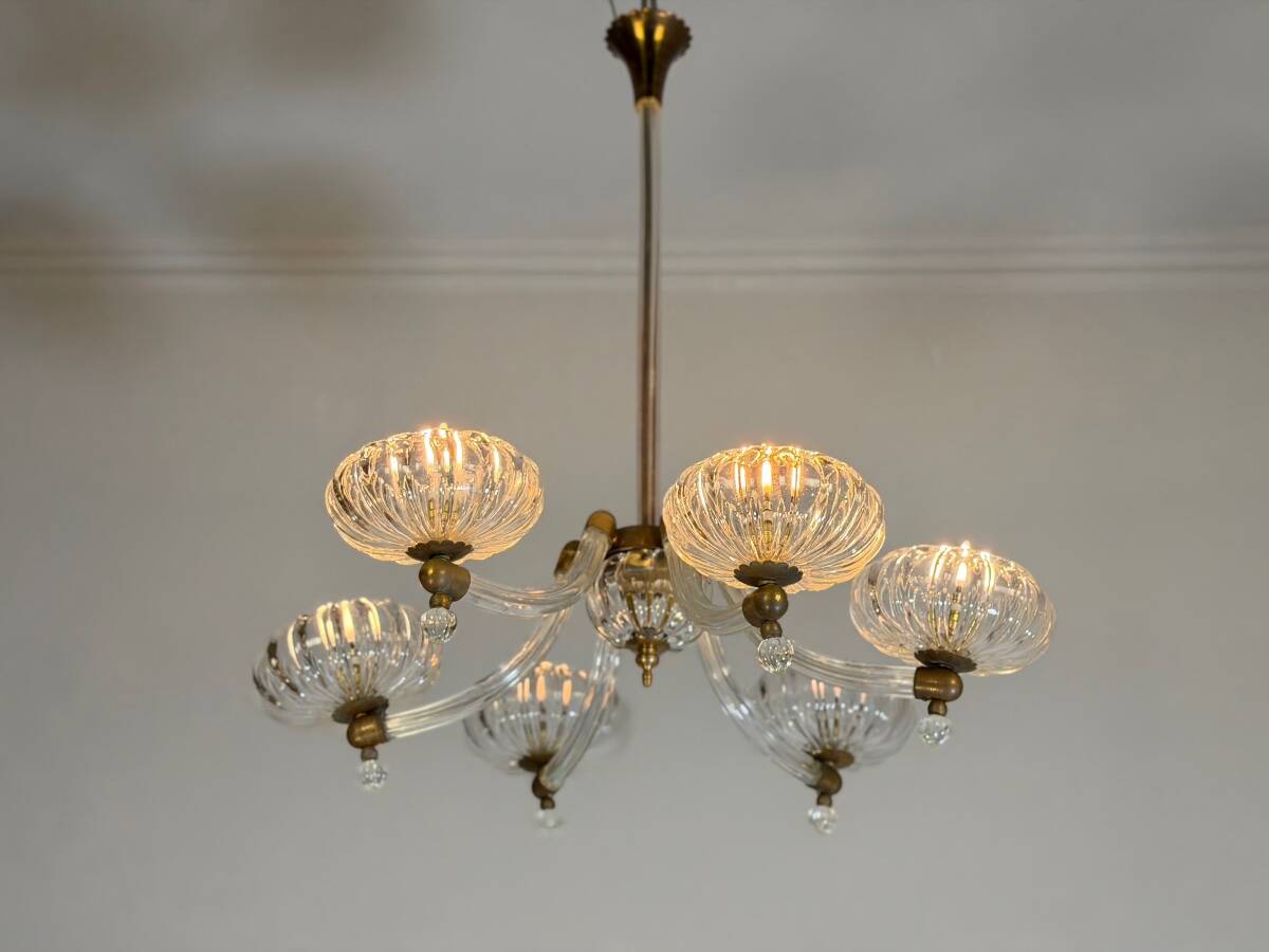 Lustre vénitien en verre de Murano et laiton, vers 1950
