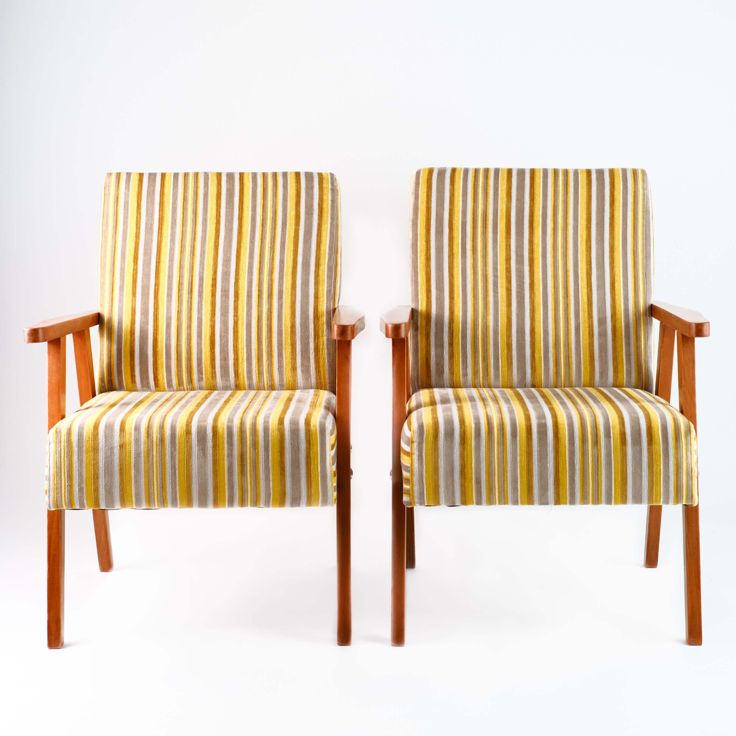 Vintage armchair yellow-gray stripes, velvet Pierre Frey, solid wood, 60s / 70s