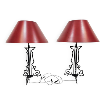 Paire Unique de Lampes de Table/Art Déco/Vintage – Bourgogne et Or/Années 1980