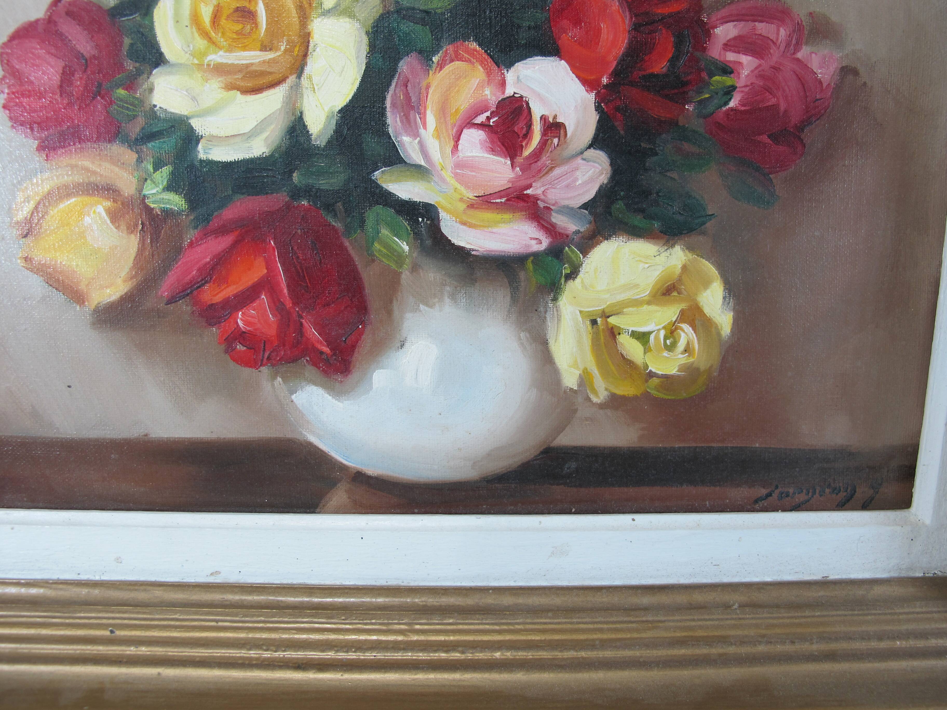 Oil on canvas still life vase bouquet of flowers signed