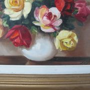 Oil on canvas still life vase bouquet of flowers signed