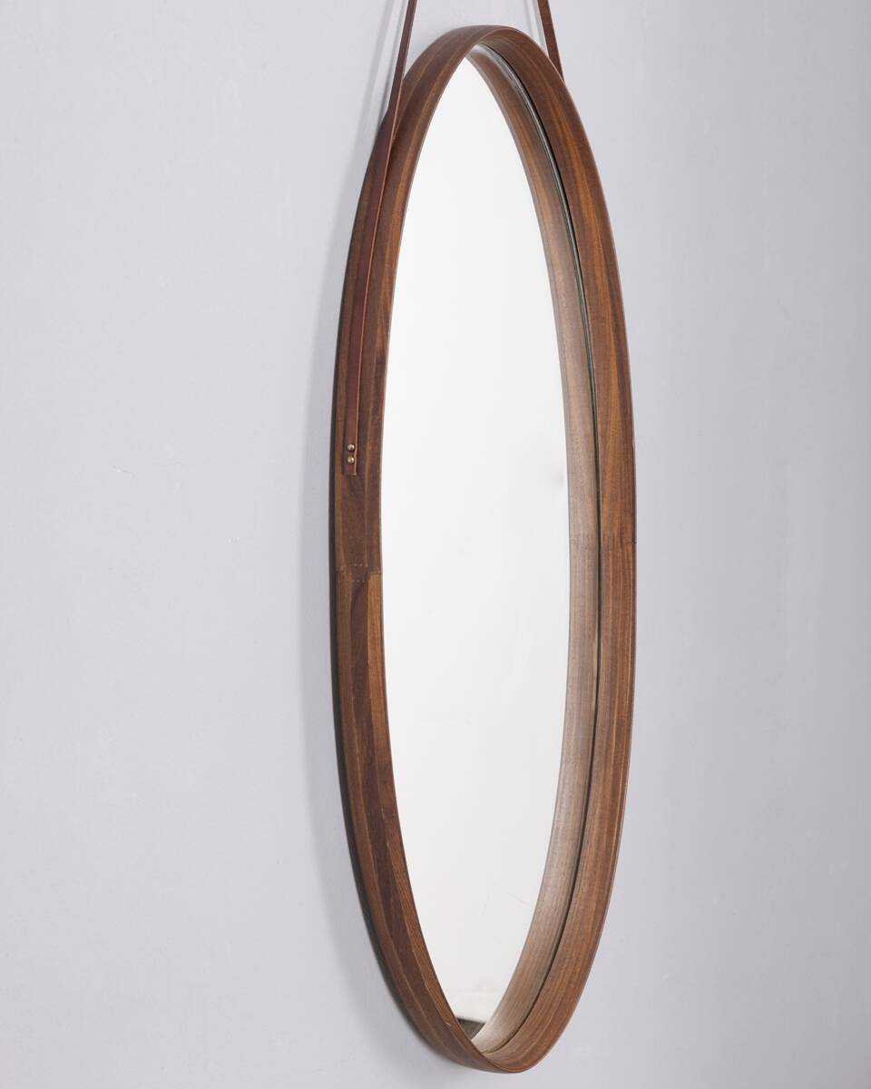 Vintage 1970s oval wall mirror in wood, italian design
