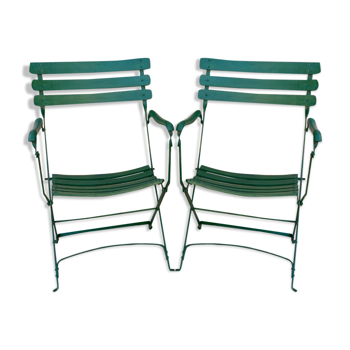 Pair of garden chairs, metal with wooden slats, folding