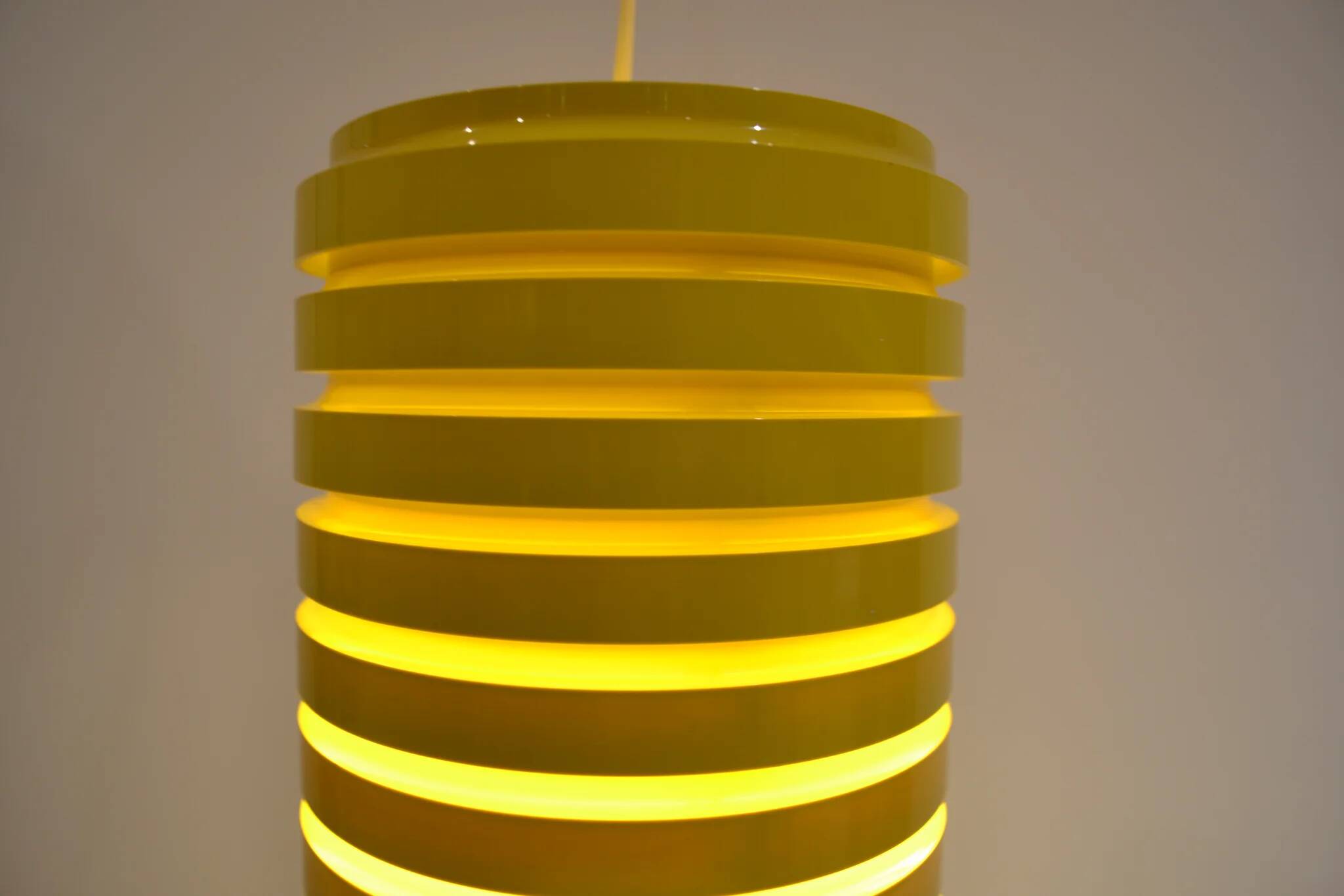 Pop Art Yellow Louvered Cylinder Pendant Lamp, Scandinavia, circa 1970