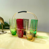6 verres colorés et panier en laiton vintage