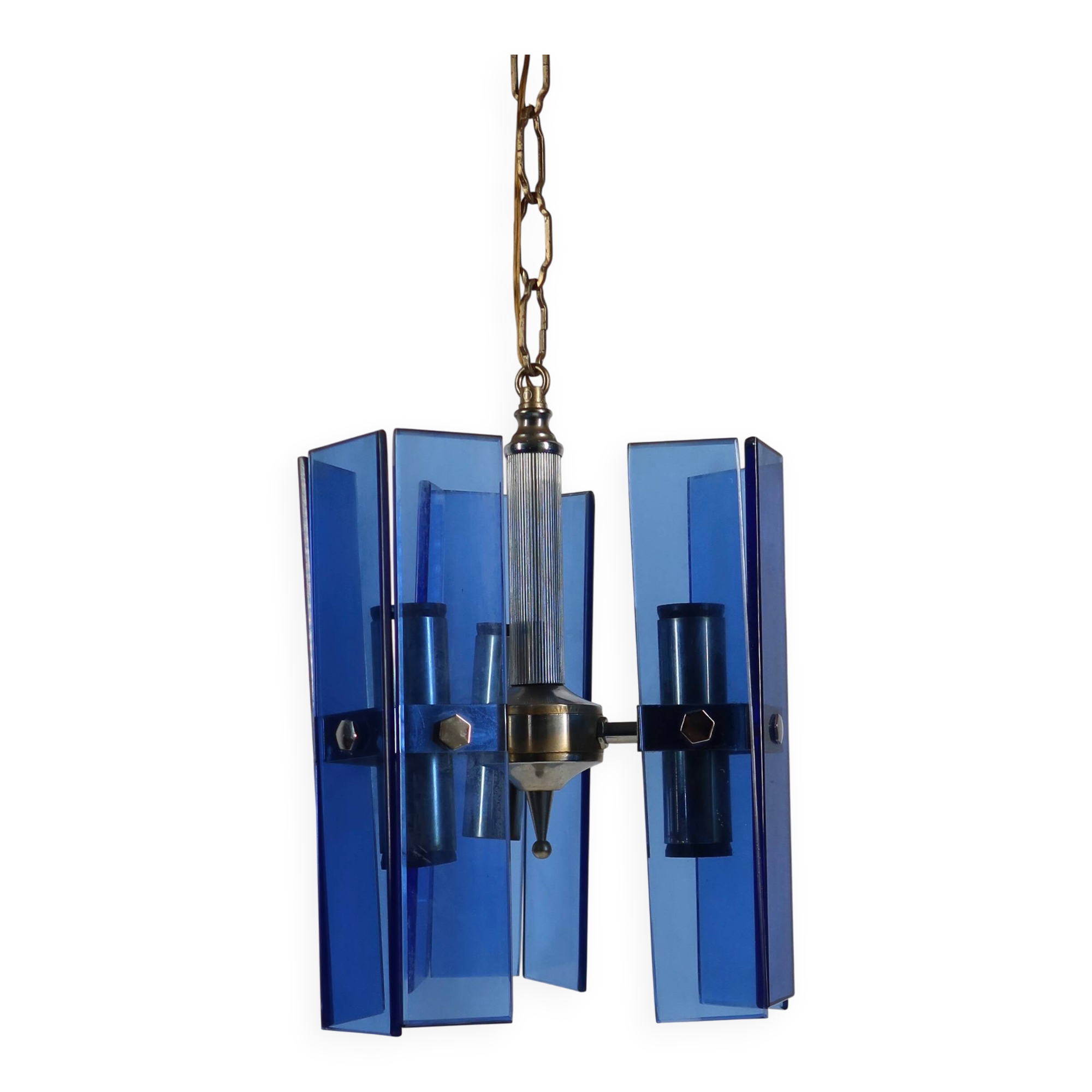 Vintage Italian pendant light in blue glass, Fontana Arte style, 1970s