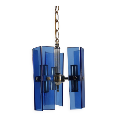Suspension, lustre italien en verre bleu, style Fontana Arte, années 70