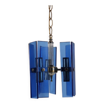 Suspension, lustre italien en verre bleu, style Fontana Arte, années 70
