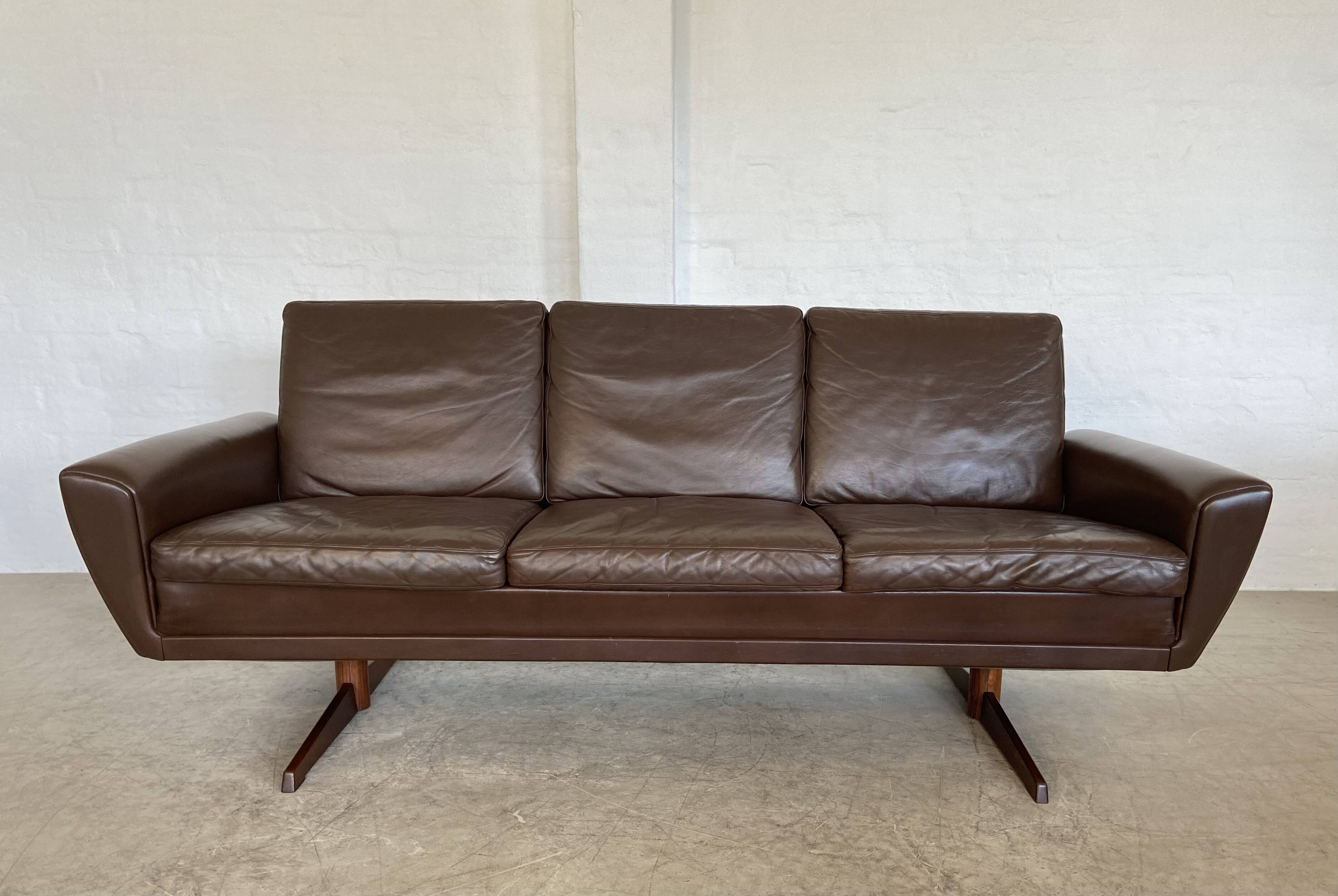 Vintage retro danish mid-century g. thams 3 person sofa in brown leather