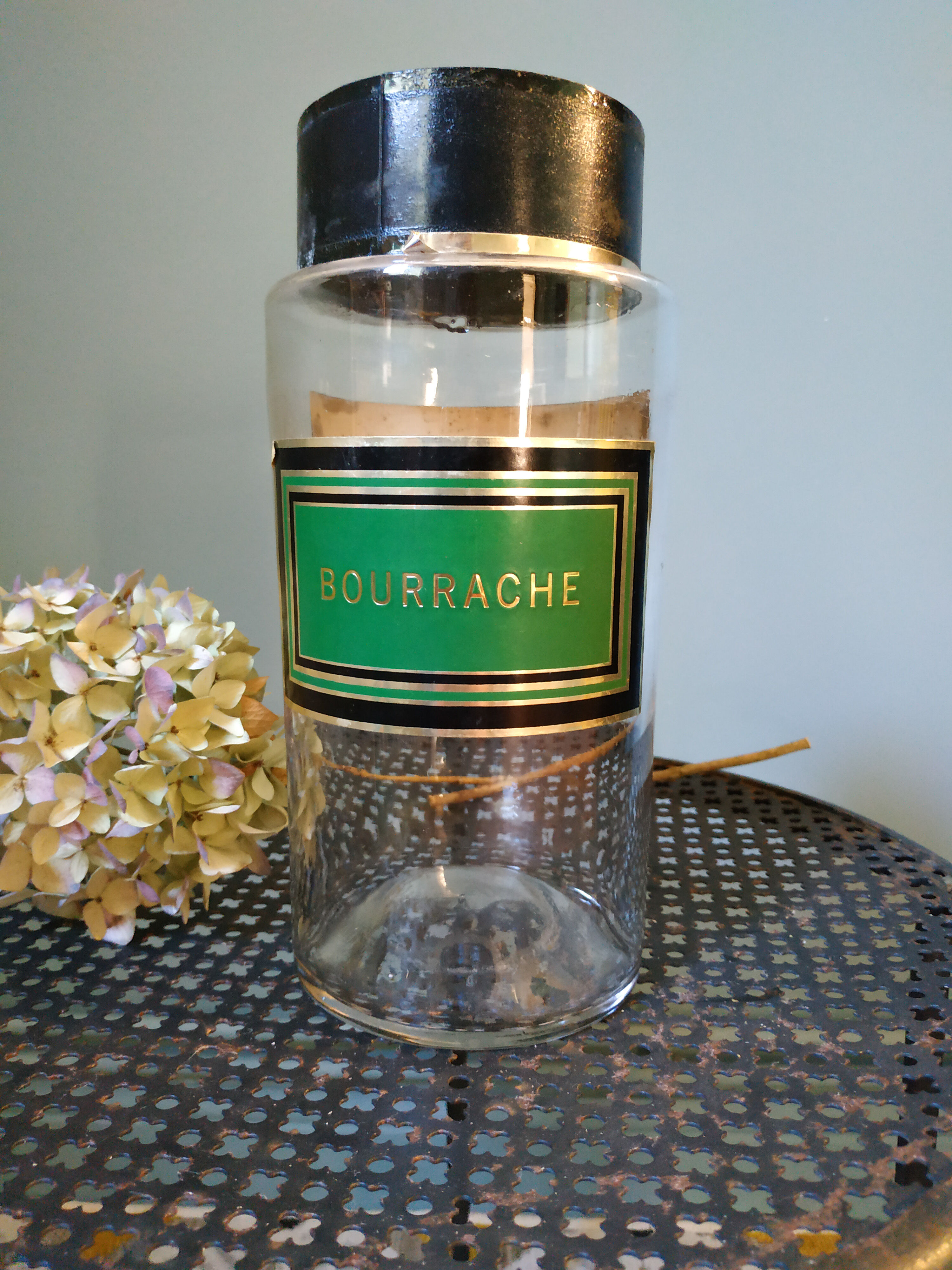 Large bottle former pharmacy early nineteenth century double green label