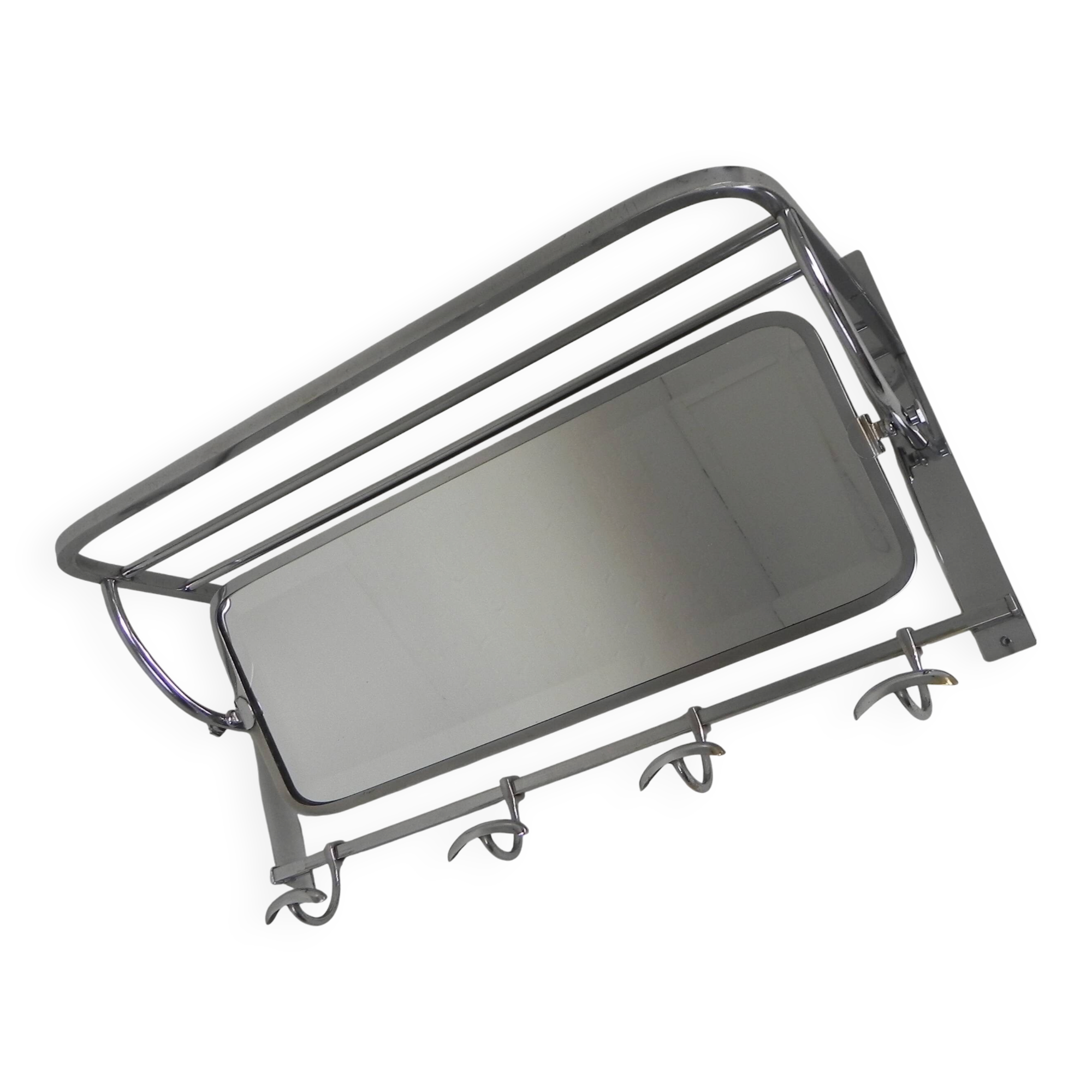Art Deco wall coat rack with a bevelled mirror adjustable in a chrome frame, 1930s.