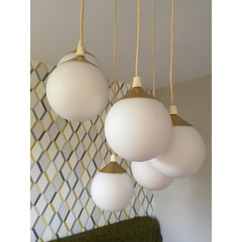 Suspension waterfall 6 balls in opaline - vintage 60s
