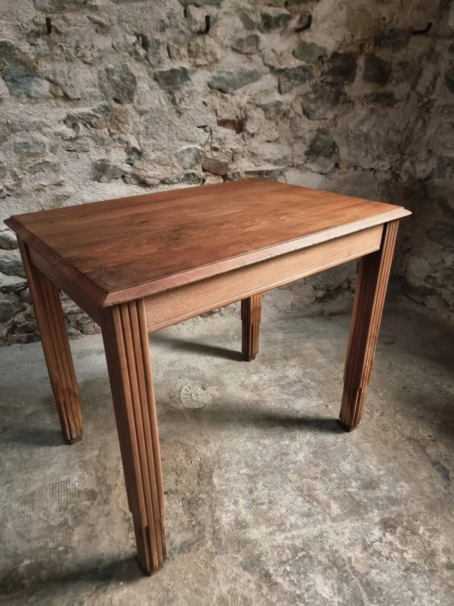 Vintage French walnut writing desk, 1950s Art Deco style, table with drawer, compact desk or side table