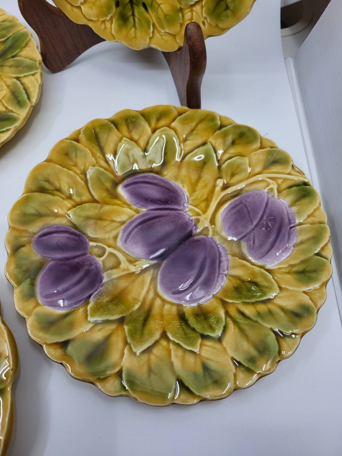 Sarreguemines dessert plates in barbotine with fruit decoration French Vintage