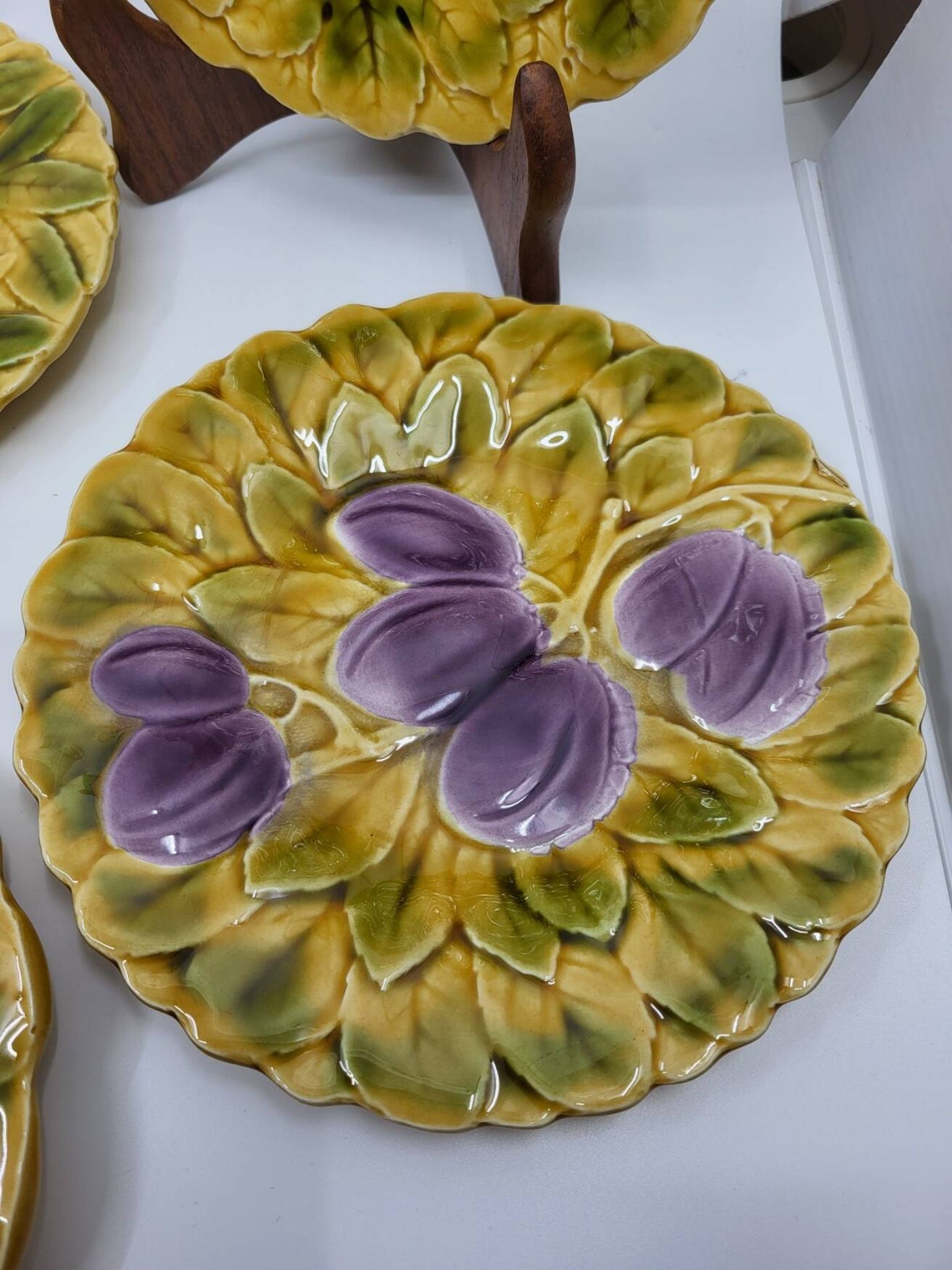 Sarreguemines dessert plates in barbotine with fruit decoration French Vintage