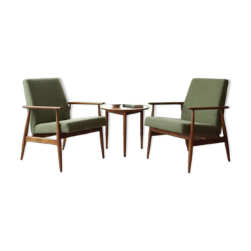 Pair lounge chairs vintage green sage boucle,  mid century design, 1960
