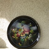 Plateau en metal, bouquets de fleurs peints a la main, origine Russie, vintage 1970