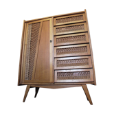 Armoire pied compas en osier et chêne vintage des années 50