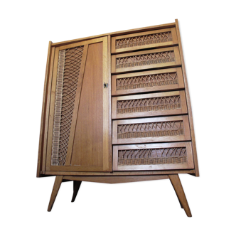 Vintage 50s wicker and vintage oak cabinet
