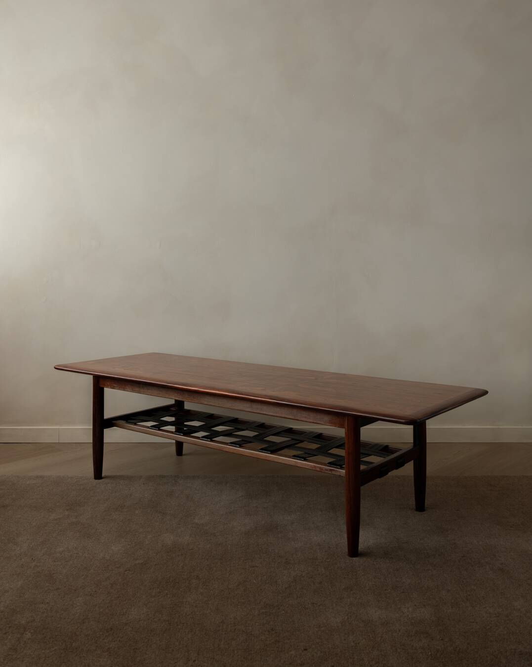 Vintage Rosewood Coffee Table Leather Magazine Shelf Topform Dutch MCM 1960