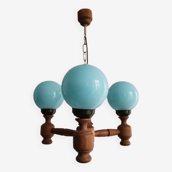 Portuguese rustic wooden wood blue opaline glass 3-light chandelier 1960s