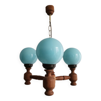 Portuguese rustic wooden wood blue opaline glass 3-light chandelier 1960s