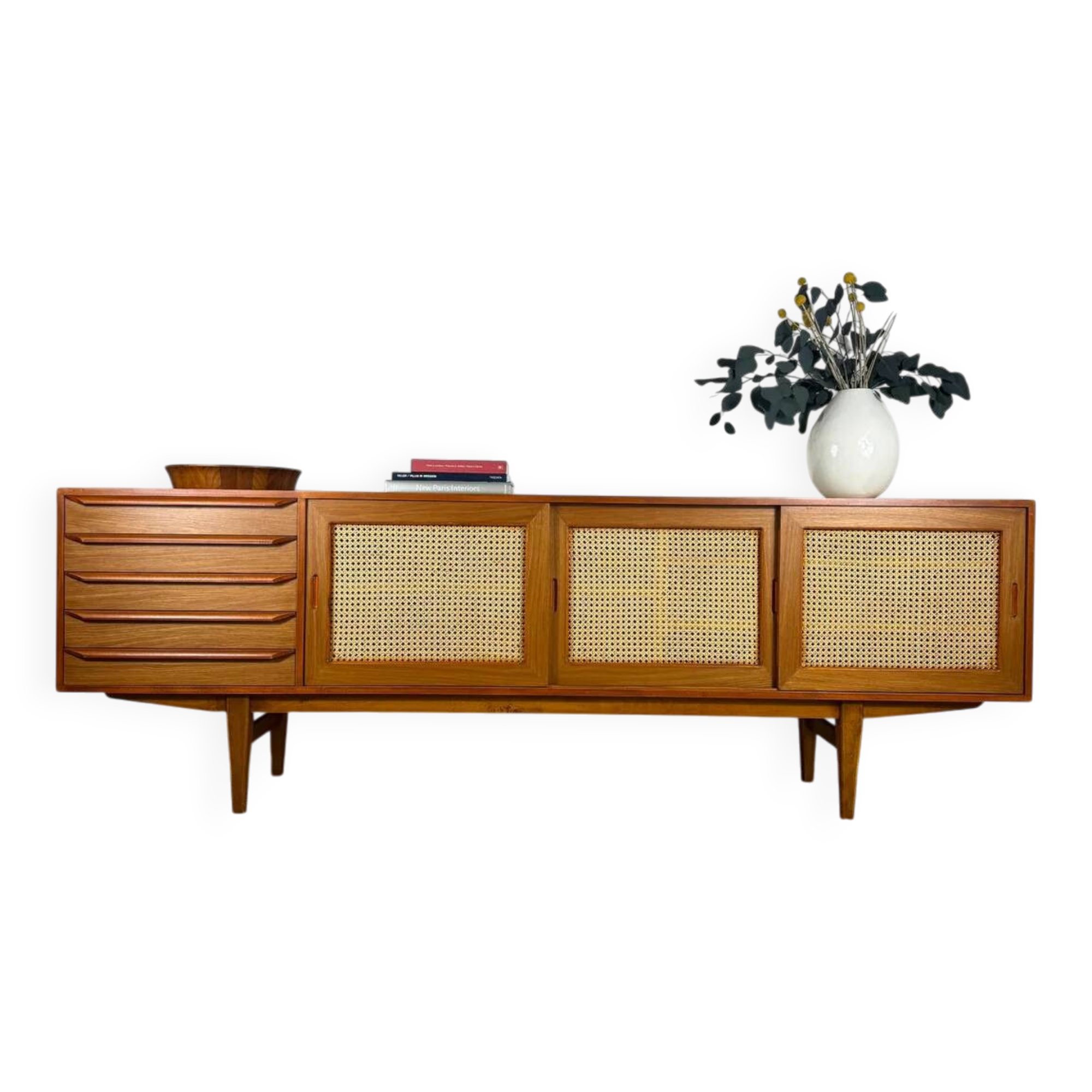 Vintage teak sideboard with rattan doors and drawers – Scandinavian design