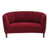 1960s, Danish 2-seater curved sofa, original red furniture fabric.