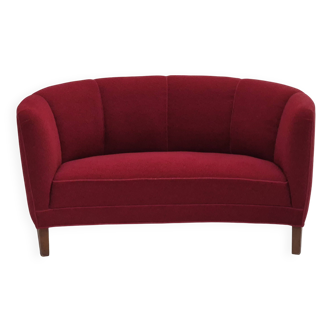 1960s, Danish 2-seater curved sofa, original red furniture fabric.