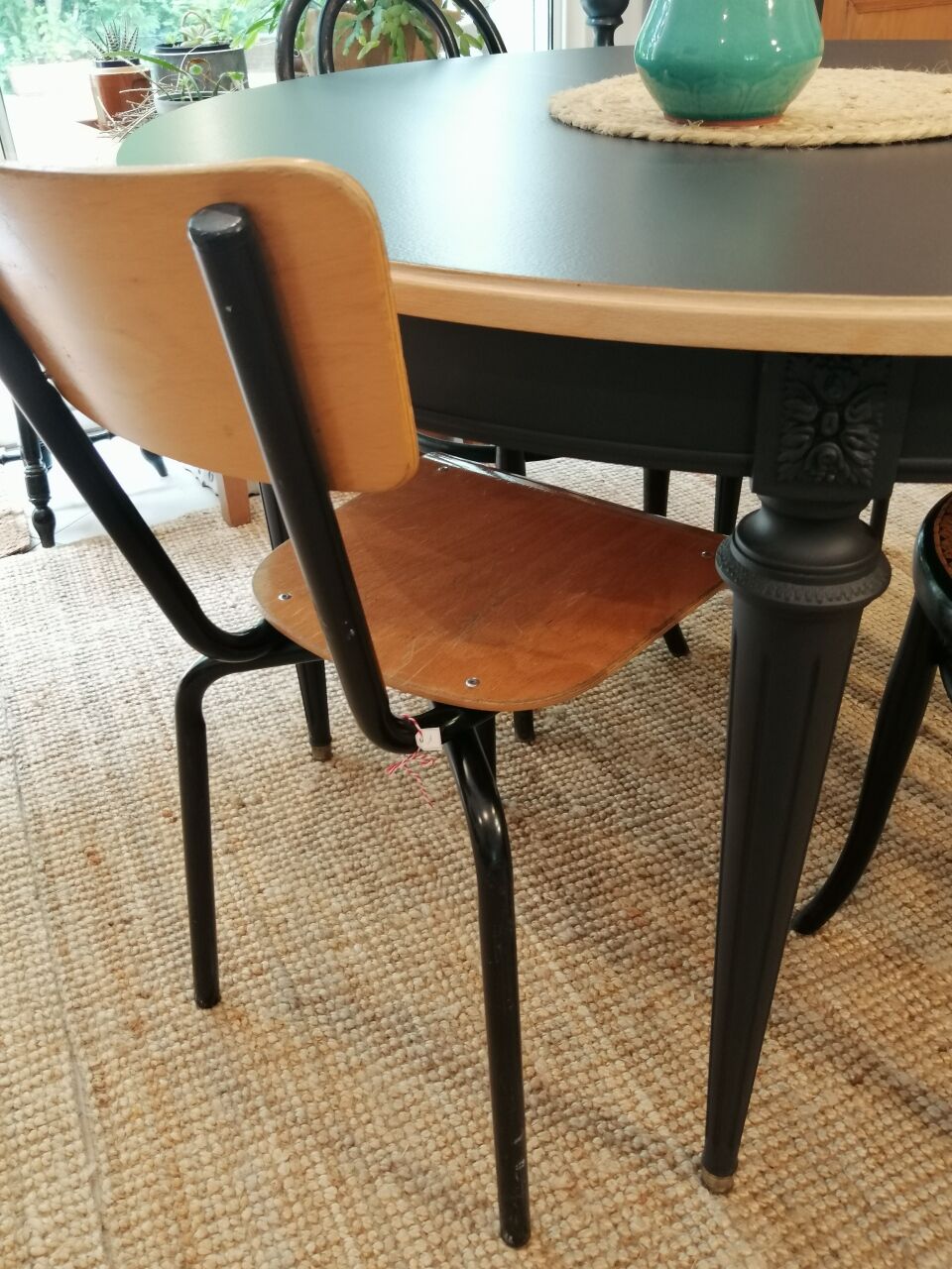 Series of 4 wooden and metal school chairs