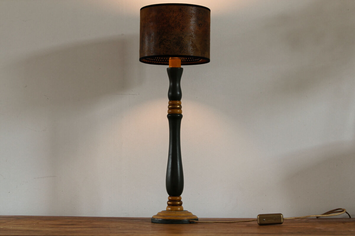 Turned wooden lamp, green and gold