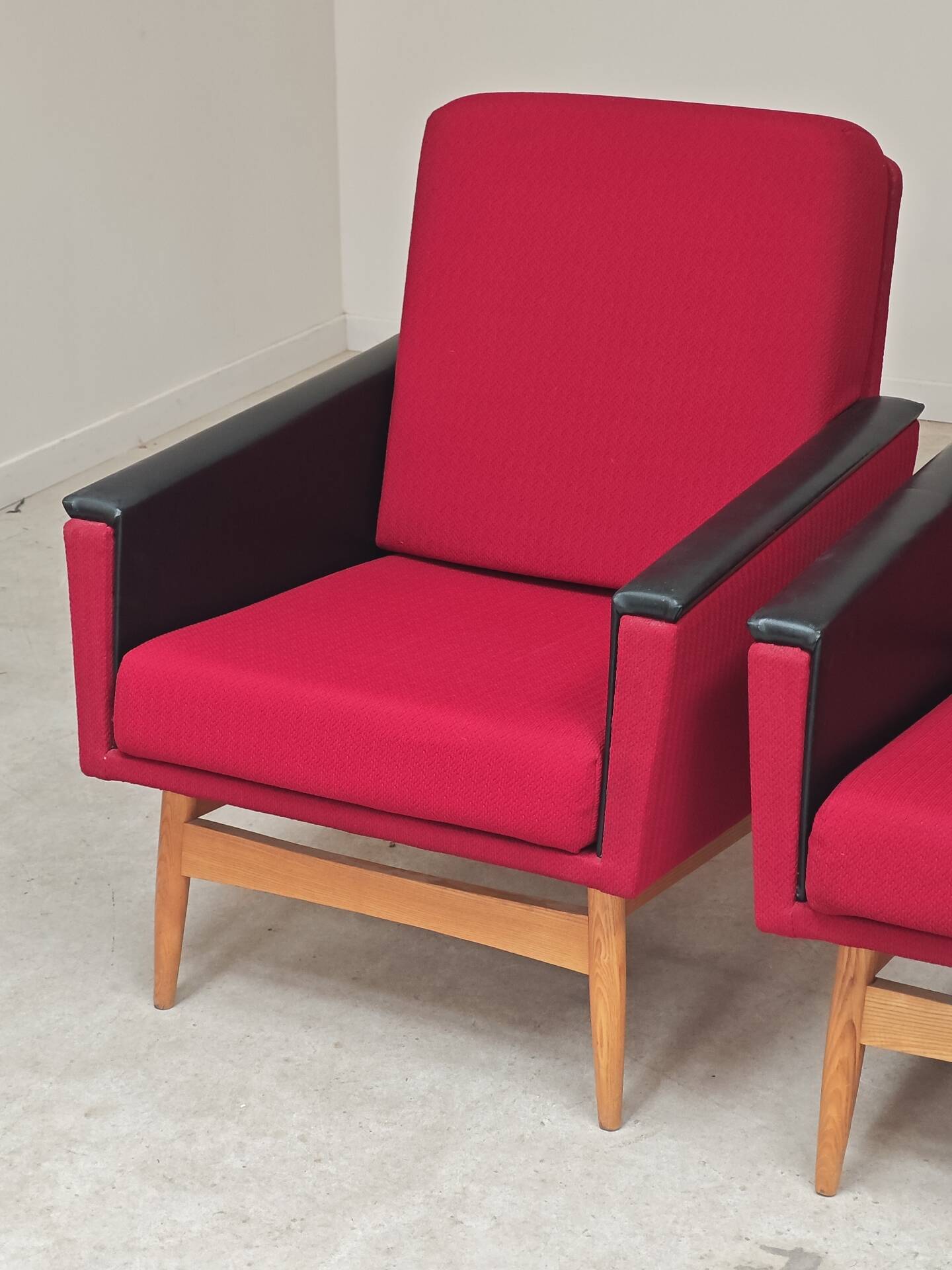 Pair of Drevotex Zamberk armchairs, red fabric and faux leather 1970
