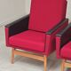 Pair of Drevotex Zamberk armchairs, red fabric and faux leather 1970