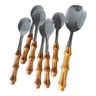 Set of 6 spoons + 1 large spoon in stainless steel and bamboo style