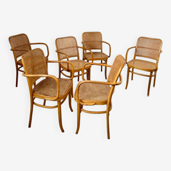 Lot 6 chaises bois et cannage modèle Prague 811 design Josef Hoffmann bois courbé vintage