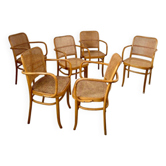 Lot 6 wooden and cane chairs model Prague 811 design Josef Hoffmann vintage curved wood