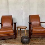 PAIR OF BRUTALIST ARMCHAIRS IN TEAK AND VINTAGE COGNAC LEATHER FROM THE 1950S