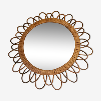 Miroir en rotin forme marguerite design 1970