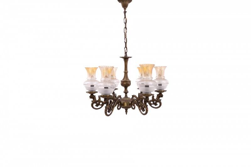 Six-arm brass chandelier from the early 20th century, Poland.