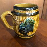 Ancien service pichet & 5 chopes céramique décor vigne raisin jaune vert vintage