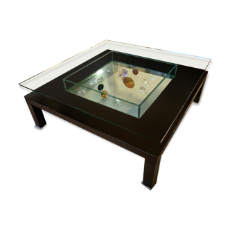 Table basse Roche-Bobois en bois massif couleurs wengé et verre