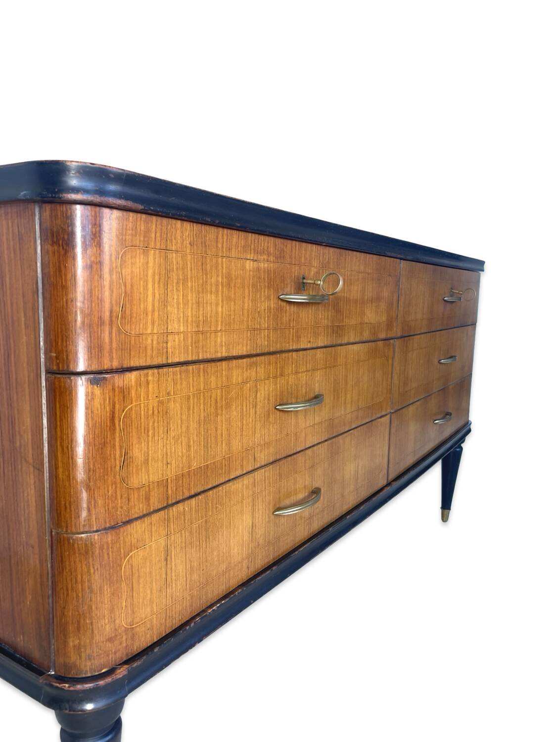 Commode en acajou plaqué avec plateau en verre vert, années 1950