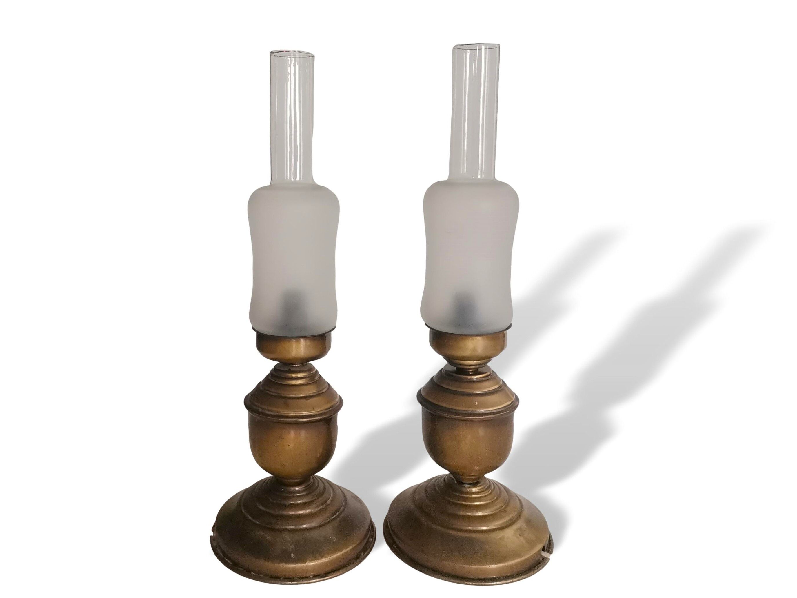 Portuguese rustic brass and frosted glass bedside lamps 1960s set of 2