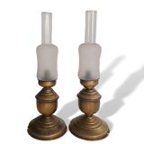 Portuguese rustic brass and frosted glass bedside lamps 1960s set of 2