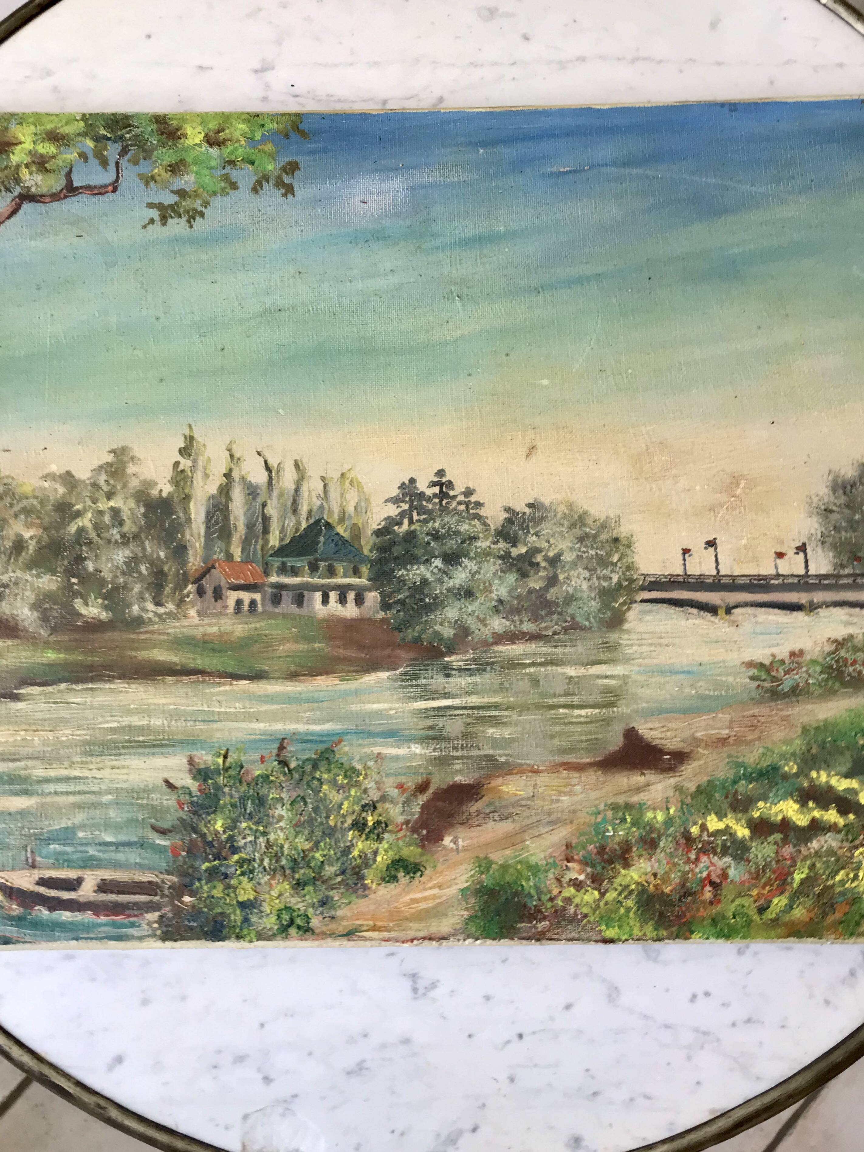 Oil painting on canvas landscape river bellerive bridge signed "morand" vinage