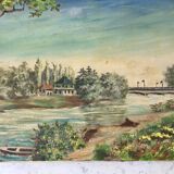 Oil painting on canvas landscape river bellerive bridge signed "morand" vinage